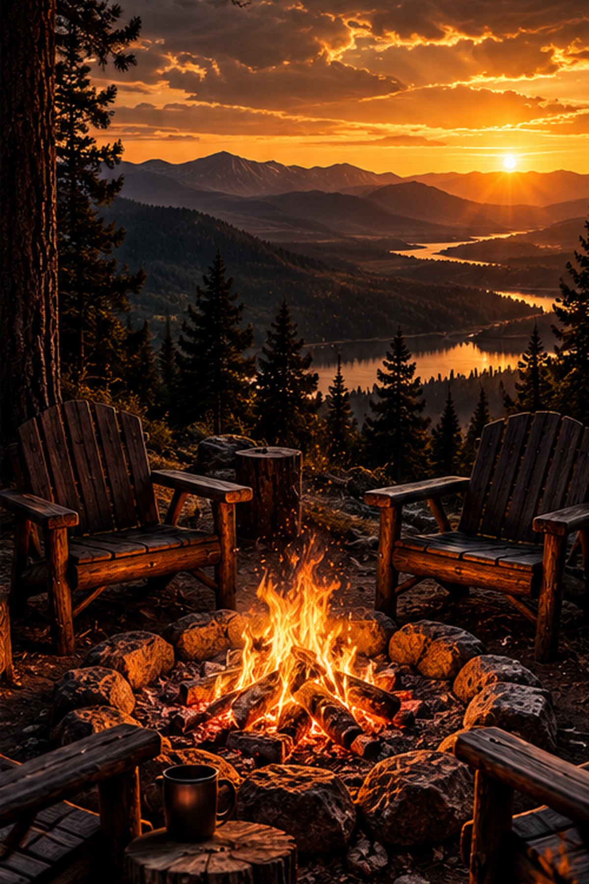 Campfire and chairs overlooking the mountains at sunset