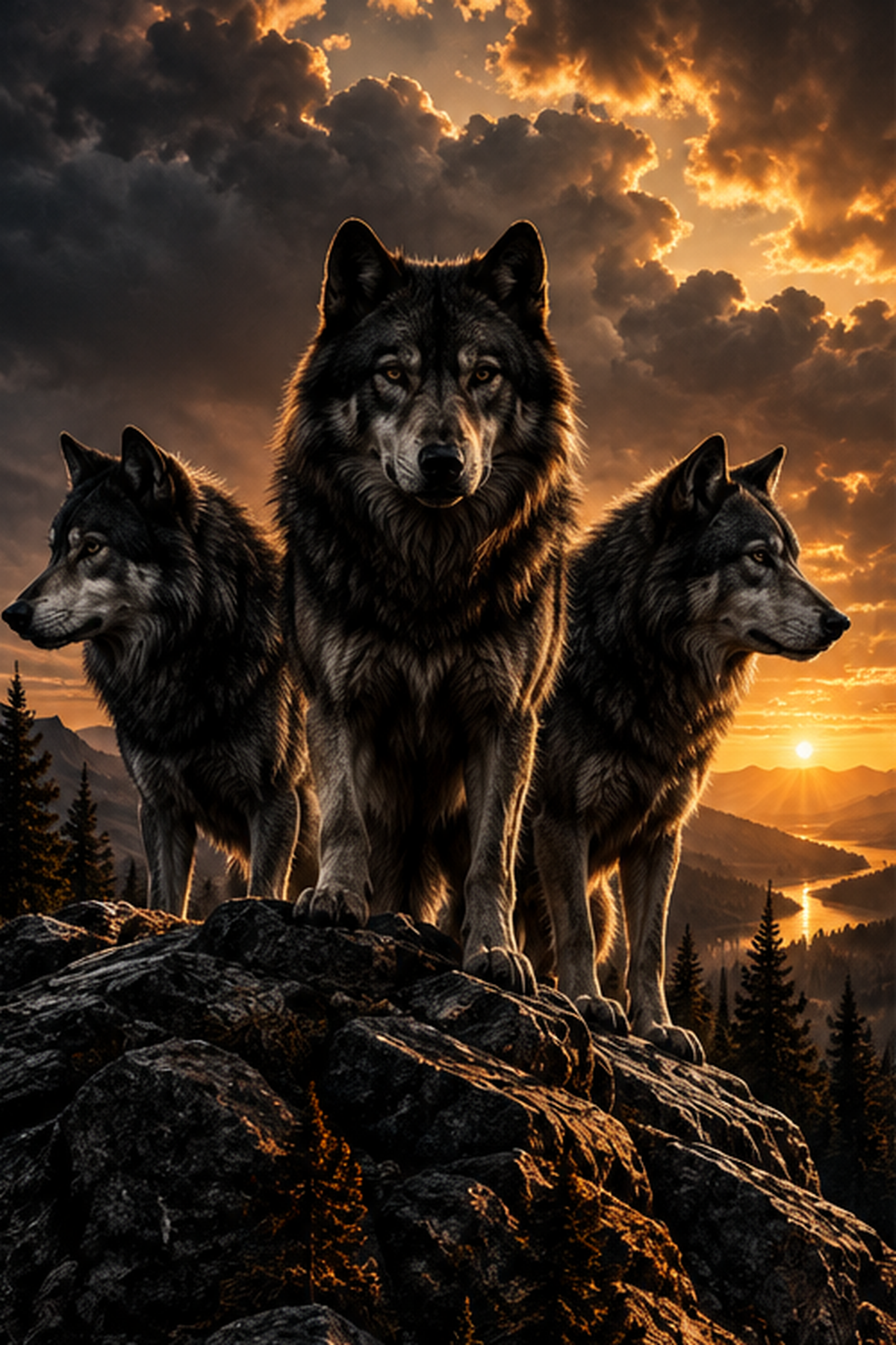 Three wolves overlooking a mountain valley at sunset